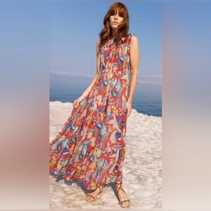 Oliphant Polly Coral Silk/Cotton Maxi Dress Size XXS